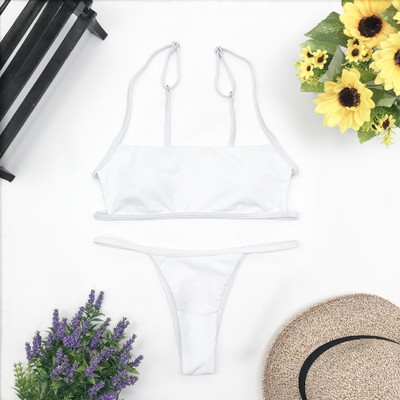 Costum de baie cu dungi sexy cu imprimeu pentru femei Costum de baie cu top cu tub solid Set bikini cu tăietură înaltă Îmbrăcăminte de plajă fără spate Costum de baie brazilian de vară