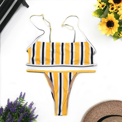Costum de baie cu dungi sexy cu imprimeu pentru femei Costum de baie cu top cu tub solid Set bikini cu tăietură înaltă Îmbrăcăminte de plajă fără spate Costum de baie brazilian de vară