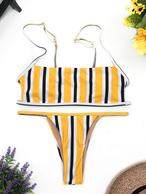 Costum de baie cu dungi sexy cu imprimeu pentru femei Costum de baie cu top cu tub solid Set bikini cu tăietură înaltă Îmbrăcăminte de plajă fără spate Costum de baie brazilian de vară