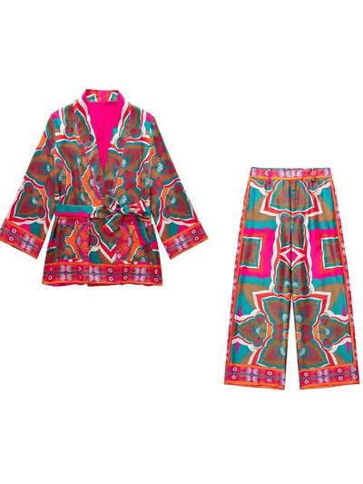 KLKXMYT TRAF Γυναικεία σετ 2 τεμαχίων 2023 Νέα μόδα μπλούζες κιμονό με εμπριμέ ζώνη με φαρδύ παντελόνι κοστούμι δύο τεμαχίων Γυναικεία ρούχα