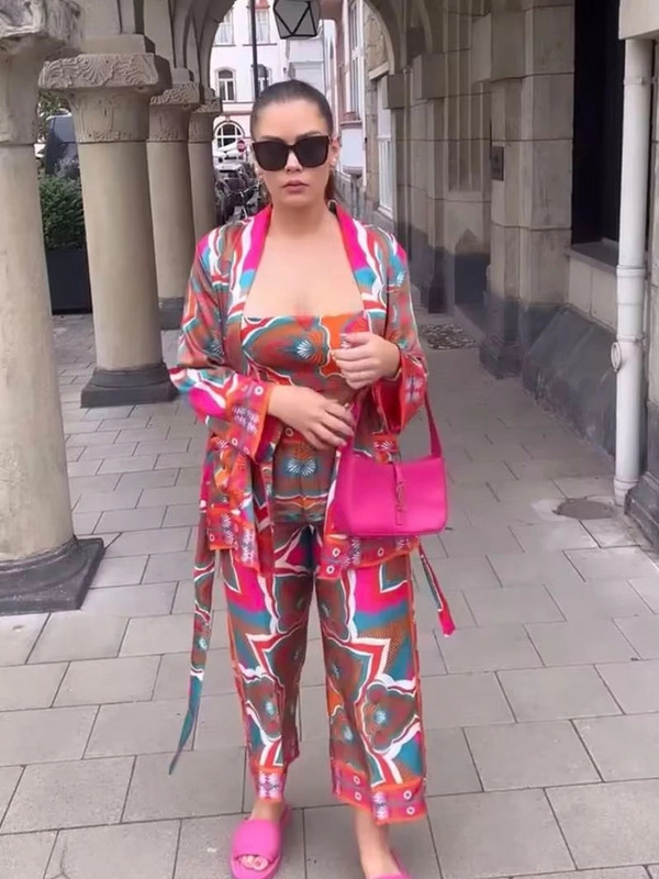 KLKXMYT TRAF Γυναικεία σετ 2 τεμαχίων 2023 Νέα μόδα μπλούζες κιμονό με εμπριμέ ζώνη με φαρδύ παντελόνι κοστούμι δύο τεμαχίων Γυναικεία ρούχα