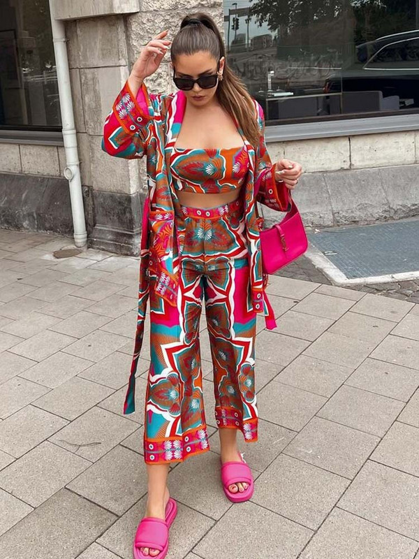 KLKXMYT TRAF Γυναικεία σετ 2 τεμαχίων 2023 Νέα μόδα μπλούζες κιμονό με εμπριμέ ζώνη με φαρδύ παντελόνι κοστούμι δύο τεμαχίων Γυναικεία ρούχα