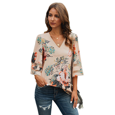 2020. aasta naiste topid, V-kaelusega pitspluus, vabaaja särk, suvised naiste pluus V-kaelusega ühevärviline särk