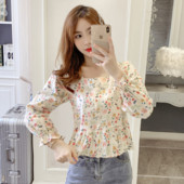 2021. Nove ženske jednoredne bluze sa slatkim cvjetnim otiskom Ženske četvrtaste majice s ovratnikom i leptir rukavima M192