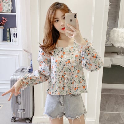 2021. Nove ženske jednoredne bluze sa slatkim cvjetnim otiskom Ženske četvrtaste majice s ovratnikom i leptir rukavima M192