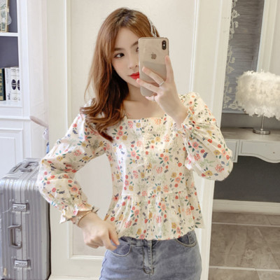 2021. Nove ženske jednoredne bluze sa slatkim cvjetnim otiskom Ženske četvrtaste majice s ovratnikom i leptir rukavima M192