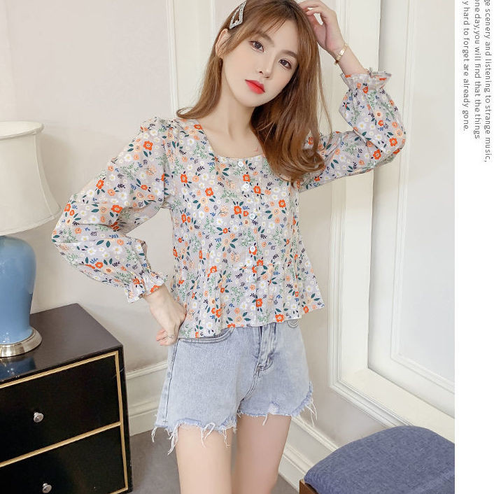 2021. Nove ženske jednoredne bluze sa slatkim cvjetnim otiskom Ženske četvrtaste majice s ovratnikom i leptir rukavima M192