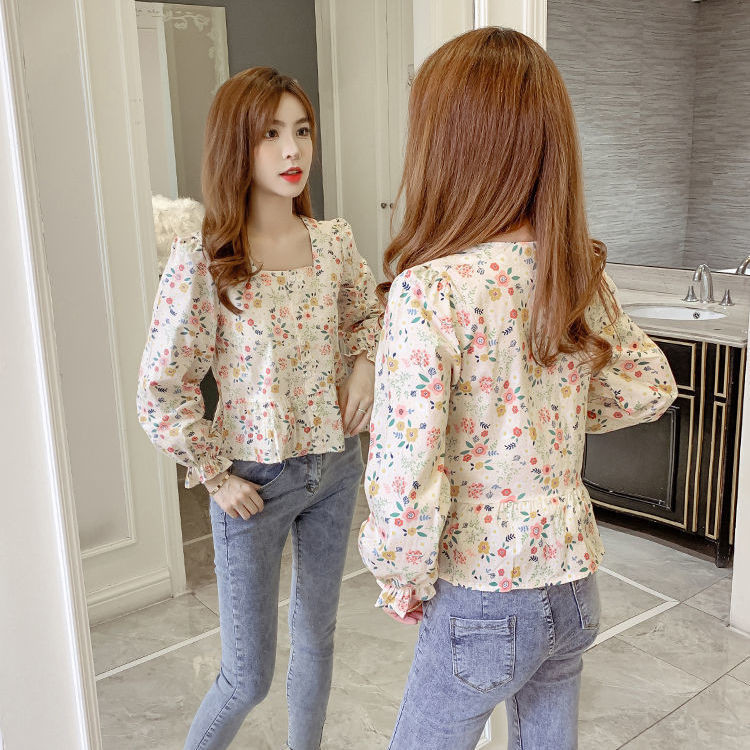 2021. Nove ženske jednoredne bluze sa slatkim cvjetnim otiskom Ženske četvrtaste majice s ovratnikom i leptir rukavima M192