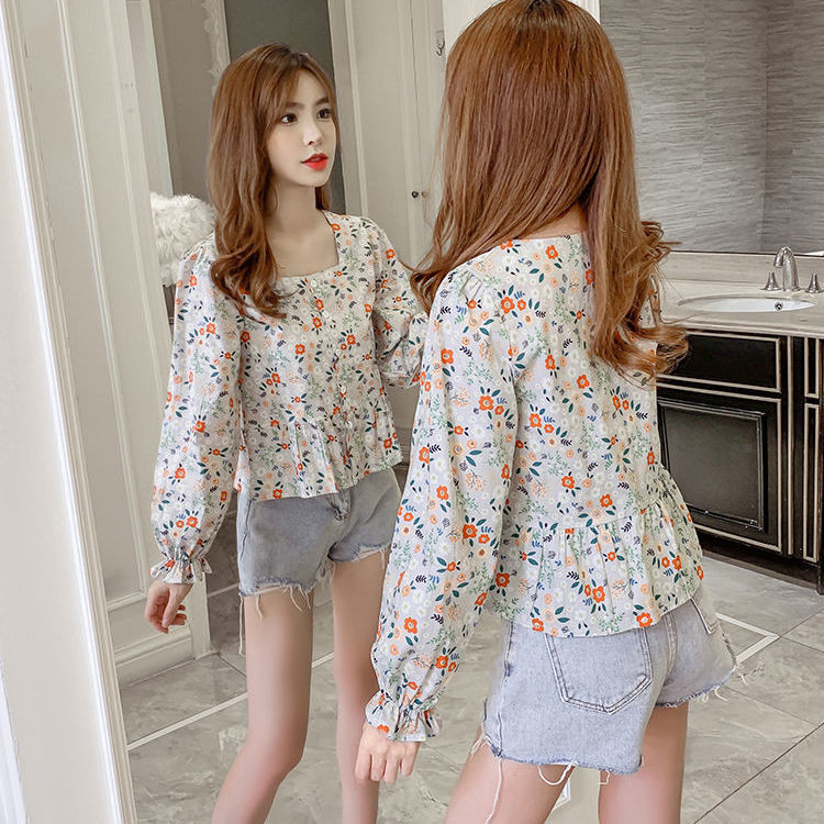 2021. Nove ženske jednoredne bluze sa slatkim cvjetnim otiskom Ženske četvrtaste majice s ovratnikom i leptir rukavima M192