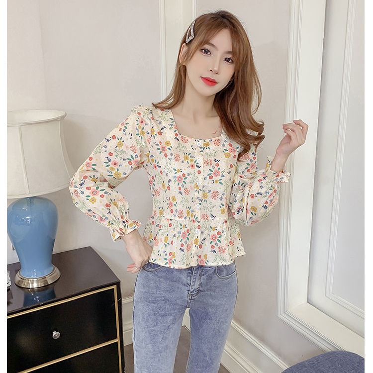 2021. Nove ženske jednoredne bluze sa slatkim cvjetnim otiskom Ženske četvrtaste majice s ovratnikom i leptir rukavima M192
