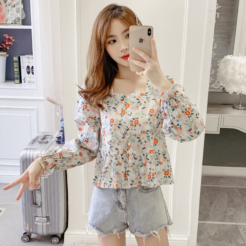 2021. Nove ženske jednoredne bluze sa slatkim cvjetnim otiskom Ženske četvrtaste majice s ovratnikom i leptir rukavima M192