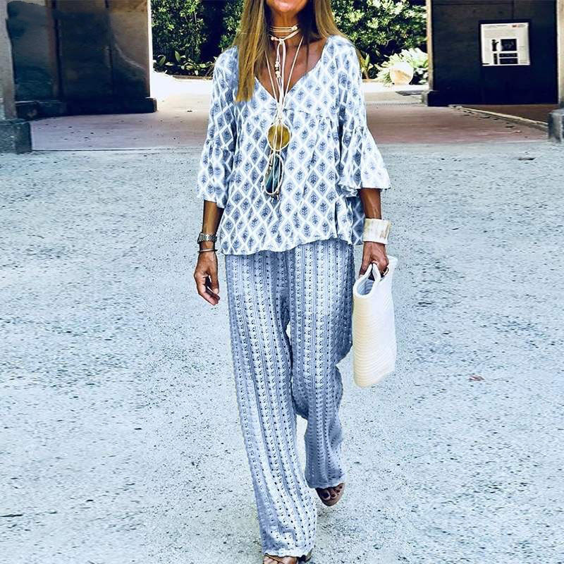 Top cu mâneci evazate cu decolteu în V, elegant de primăvară, cu ținute cu pantaloni lungi, set de două piese pentru femei, boeme, de vară, costume sport largi