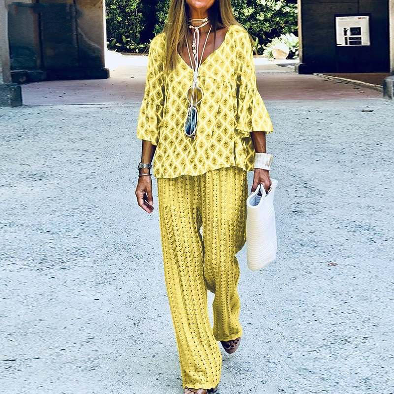 Top cu mâneci evazate cu decolteu în V, elegant de primăvară, cu ținute cu pantaloni lungi, set de două piese pentru femei, boeme, de vară, costume sport largi