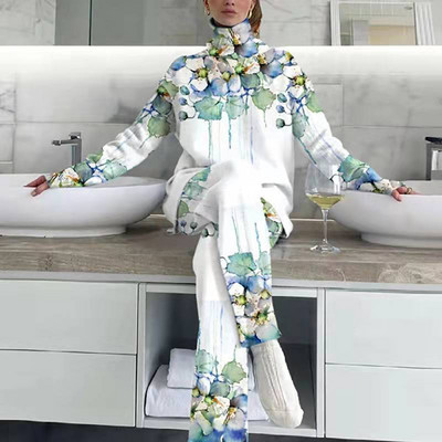 Lielizmēra topi ar bruņurupuču apkakli brīvi garu bikšu komplekts Sieviešu ielas apģērbs Ikdienas bikses divdaļīgs komplekts Sieviešu silts bikškostīms ar garām piedurknēm