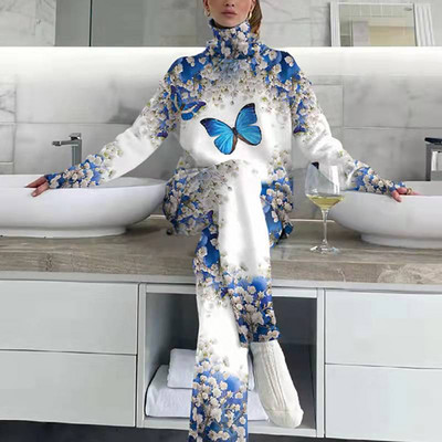 Lielizmēra topi ar bruņurupuču apkakli brīvi garu bikšu komplekts Sieviešu ielas apģērbs Ikdienas bikses divdaļīgs komplekts Sieviešu silts bikškostīms ar garām piedurknēm