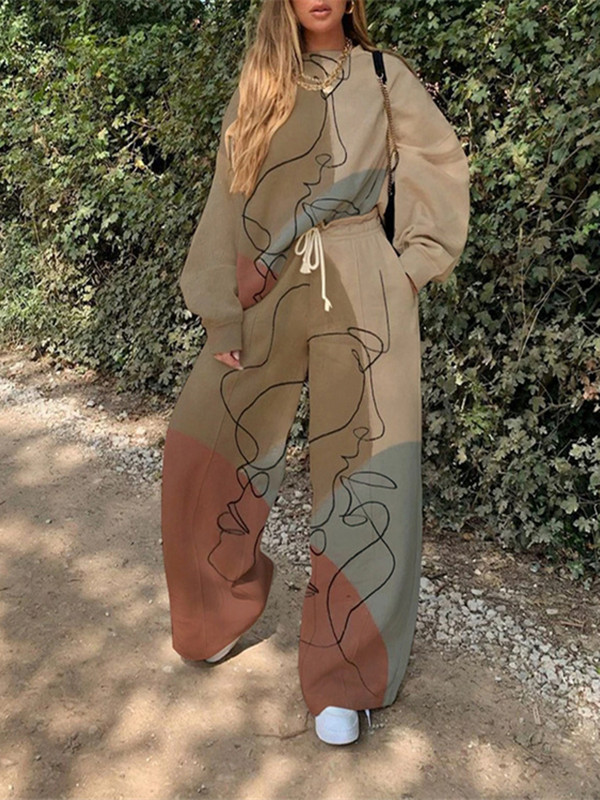 Prevelike trenirke Ženske dvodijelne hlače Kompleti jesenske odjeće Modni pulover s printom Dukserica Široke nogavice Hlače Odijela Odijela