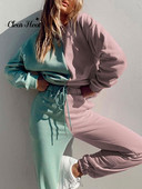 Patchwork kapucnis szett női nadrág 2 részes kocogó ruha hosszú ujjú pulóver pulóver, nyomott bő ruhák sportruházat