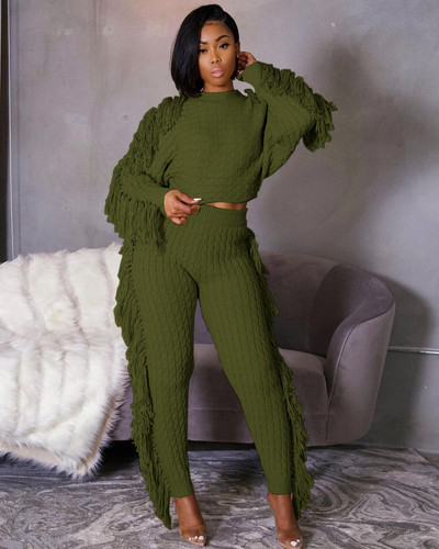 2021 Ins Internet Celebrity Celebrity 2 buc set femei iarna solidi cu gâtul O-ciucuri pantaloni creion Casual