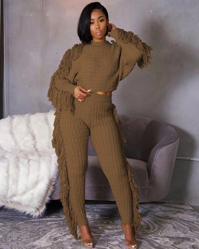 2021 Ins Internet Celebrity Celebrity 2 buc set femei iarna solidi cu gâtul O-ciucuri pantaloni creion Casual