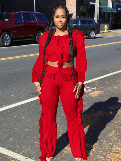 Joskaa pleteni dvodijelni set s resicama Ženski seksi puloveri dugih rukava s O-izrezom i ravne hlače odgovaraju uličnoj odjeći za zimu 2022.