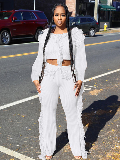 Joskaa pleteni dvodijelni set s resicama Ženski seksi puloveri dugih rukava s O-izrezom i ravne hlače odgovaraju uličnoj odjeći za zimu 2022.