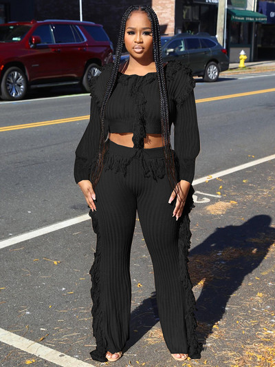 Joskaa pleteni dvodijelni set s resicama Ženski seksi puloveri dugih rukava s O-izrezom i ravne hlače odgovaraju uličnoj odjeći za zimu 2022.