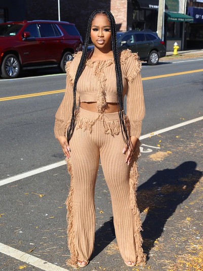 Joskaa pleteni dvodijelni set s resicama Ženski seksi puloveri dugih rukava s O-izrezom i ravne hlače odgovaraju uličnoj odjeći za zimu 2022.