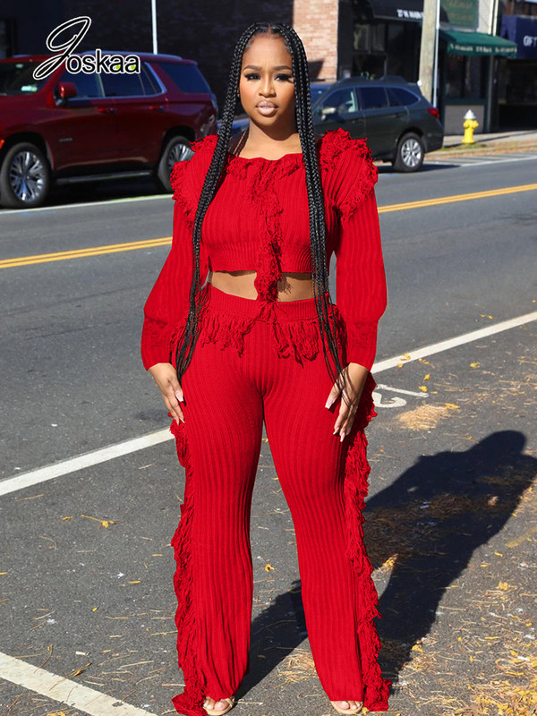 Joskaa pleteni dvodijelni set s resicama Ženski seksi puloveri dugih rukava s O-izrezom i ravne hlače odgovaraju uličnoj odjeći za zimu 2022.