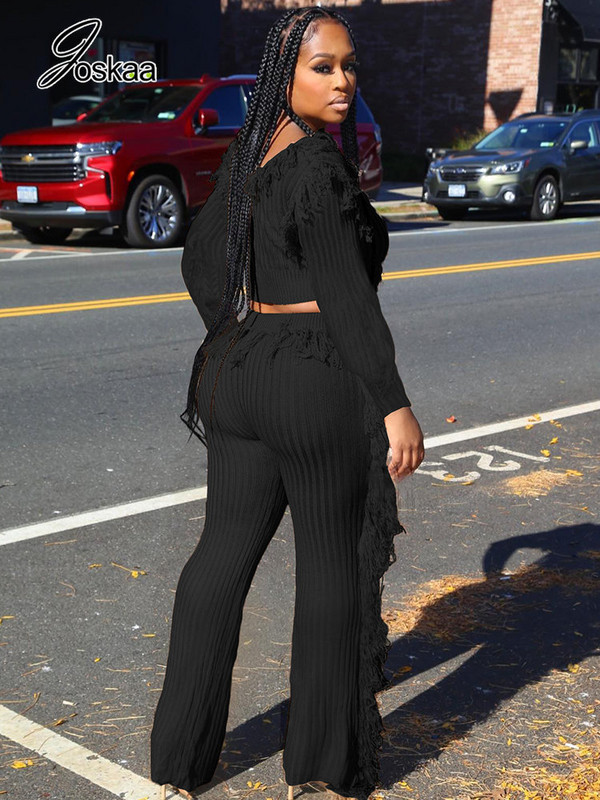 Joskaa pleteni dvodijelni set s resicama Ženski seksi puloveri dugih rukava s O-izrezom i ravne hlače odgovaraju uličnoj odjeći za zimu 2022.