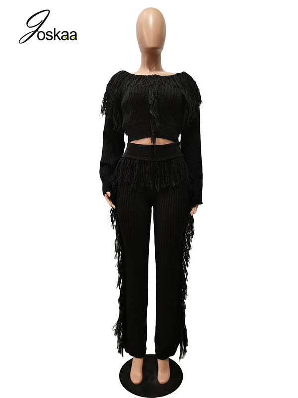 Joskaa pleteni dvodijelni set s resicama Ženski seksi puloveri dugih rukava s O-izrezom i ravne hlače odgovaraju uličnoj odjeći za zimu 2022.