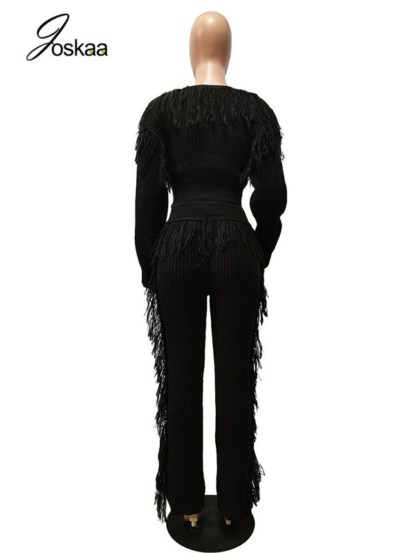 Joskaa pleteni dvodijelni set s resicama Ženski seksi puloveri dugih rukava s O-izrezom i ravne hlače odgovaraju uličnoj odjeći za zimu 2022.