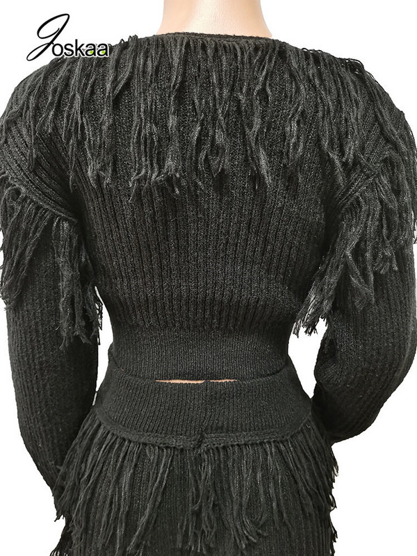 Joskaa pleteni dvodijelni set s resicama Ženski seksi puloveri dugih rukava s O-izrezom i ravne hlače odgovaraju uličnoj odjeći za zimu 2022.