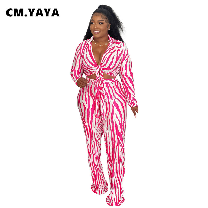 CM.YAYA Sebra triibuline plisseeritud naiste komplekt pikkade varrukatega lipsu särgi ja laiade sääredega pükste ülikond 2023, kahe 2-osalise komplektiga spordidress