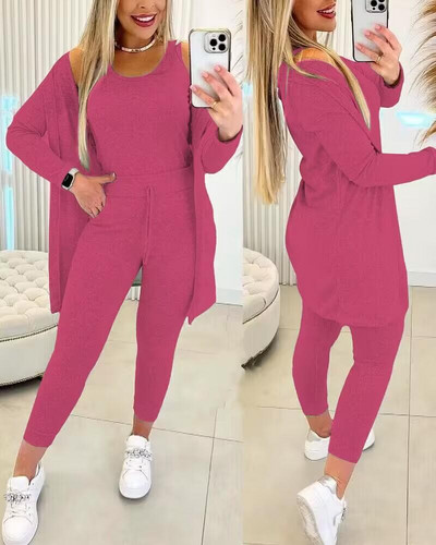 Set de 3 piese de modă, culoare uni, cardigan pentru femei, haină, cu gât rotund, maiou fără mâneci, pantaloni strâmți, set casual de 3 piese