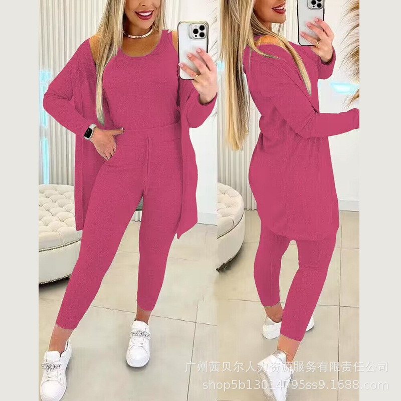 Moodne ühevärviline 3-osaline komplekt Naiste kardigan-mantel Ümarkaelus, varrukateta, tihedad püksid, vabaaja 3-osaline komplekt