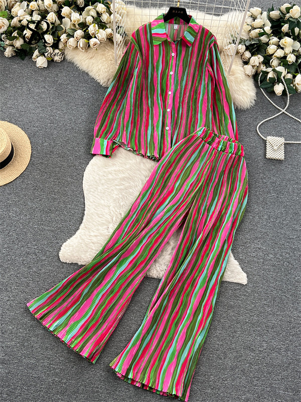 SINGREINY Americké retro jesenné obleky, voľná košeľa + široké nohavice, skladané dlhé nohavice, dámske streetwear maxi farebné bloky, dvojdielne sety