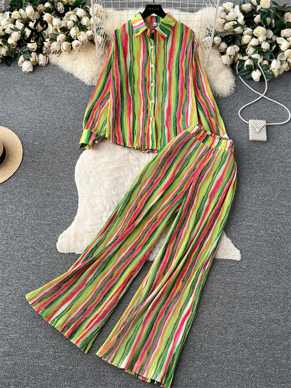 SINGREINY Americké retro jesenné obleky, voľná košeľa + široké nohavice, skladané dlhé nohavice, dámske streetwear maxi farebné bloky, dvojdielne sety