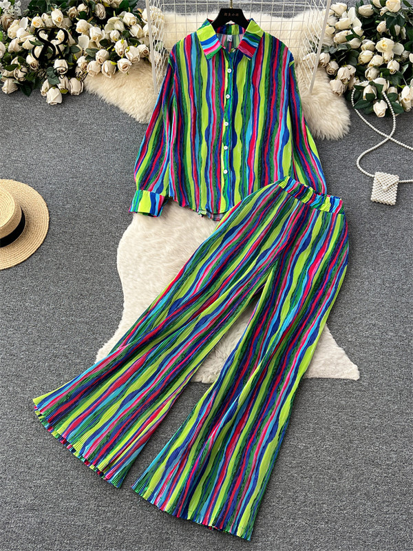 SINGREINY Americké retro jesenné obleky, voľná košeľa + široké nohavice, skladané dlhé nohavice, dámske streetwear maxi farebné bloky, dvojdielne sety