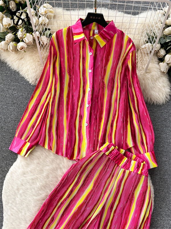 SINGREINY Americké retro jesenné obleky, voľná košeľa + široké nohavice, skladané dlhé nohavice, dámske streetwear maxi farebné bloky, dvojdielne sety