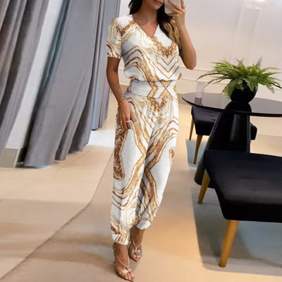 Elastické nohavice s pásom do pása, dámske potlačené oblečenie, letné elegantné kancelárske slim nohavice, súprava, ležérne topy a nohavice, dvojdielna súprava