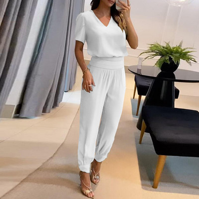 Elastické nohavice s pásom do pása, dámske potlačené oblečenie, letné elegantné kancelárske slim nohavice, súprava, ležérne topy a nohavice, dvojdielna súprava