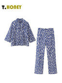 TELLHONEY Ženske modne bluze s V-izrezom, jednoredno kopčanje, patentni zatvarač sprijeda s džepovima, hlače, dvodijelni set s ležernim printom