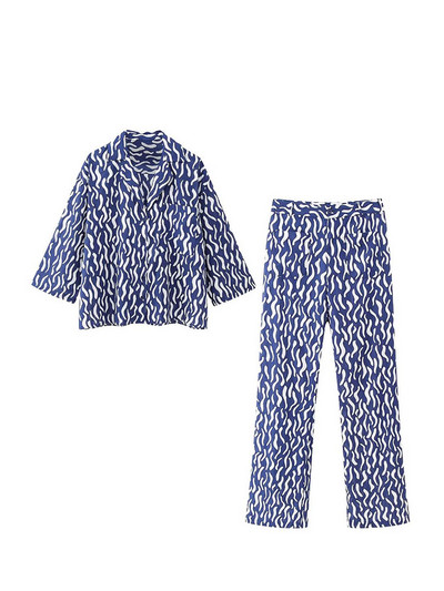 TELLHONEY Ženske modne bluze s V-izrezom, jednoredno kopčanje, patentni zatvarač sprijeda s džepovima, hlače, dvodijelni set s ležernim printom