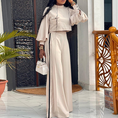 Ženska majica s polu visokim ovratnikom i lanternastim rukavima + hlače širokih nogavica, set od 2 komada, 2023, nova modna odijela s naborima, ležerna odjeća