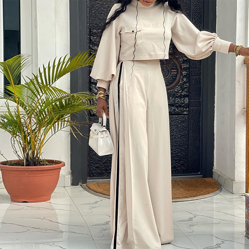 Ženska majica s polu visokim ovratnikom i lanternastim rukavima + hlače širokih nogavica, set od 2 komada, 2023, nova modna odijela s naborima, ležerna odjeća