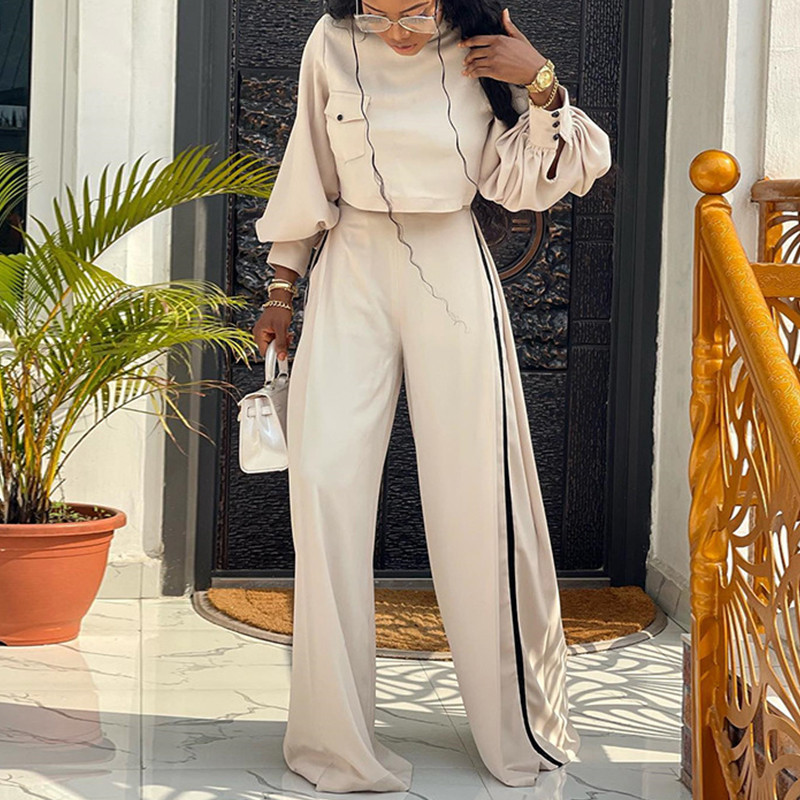Ženska majica s polu visokim ovratnikom i lanternastim rukavima + hlače širokih nogavica, set od 2 komada, 2023, nova modna odijela s naborima, ležerna odjeća