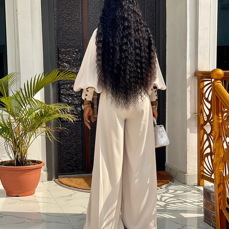 Ženska majica s polu visokim ovratnikom i lanternastim rukavima + hlače širokih nogavica, set od 2 komada, 2023, nova modna odijela s naborima, ležerna odjeća