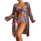 Naiste 2023. aasta bikiinikomplekt + pikkade varrukatega võrkkangas hall/sinine/kollane/valge/lilla/roosa/roheline, suurus S-3XL push-up polsterdatud kõrge vöökohaga