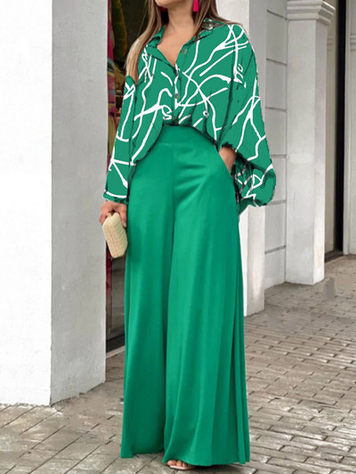 Ženski uredski kompleti za putovanje na posao, 2022., košulja s lanternastim rukavima i džepovima, odijela s ravnim hlačama na rever, modni komplet s printom za proljeće ljeto