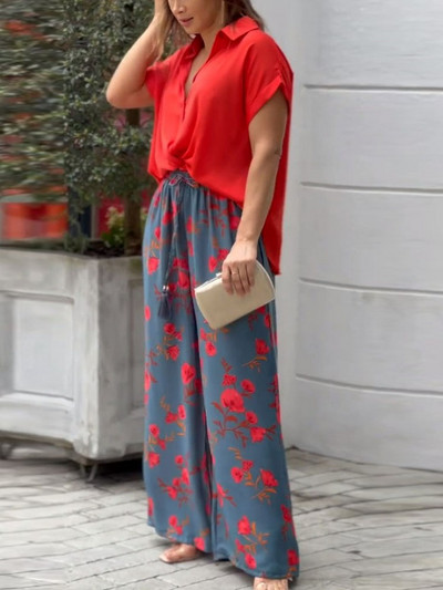 Ženski uredski kompleti za putovanje na posao, 2022., košulja s lanternastim rukavima i džepovima, odijela s ravnim hlačama na rever, modni komplet s printom za proljeće ljeto